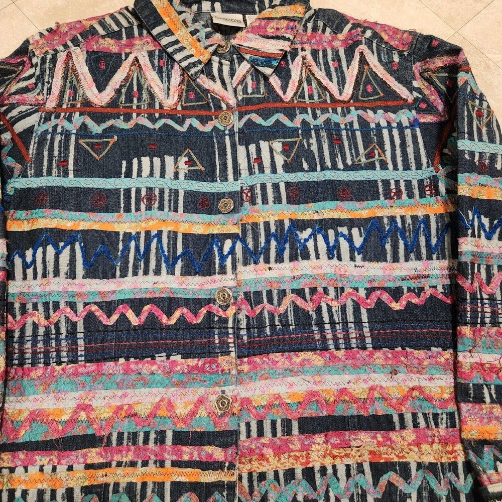 Chico's Womens Size 2 Embroidered Western Colorful‎ Art Soft Denim Button Jacket - Picture 3 of 10